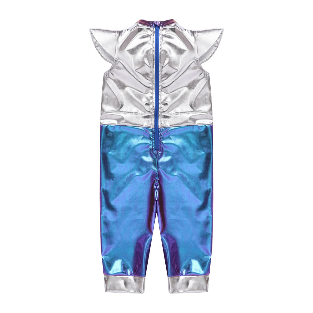 Toddler Boys Girls Shiny Alien Dress-up Costume Jumpsuit Cap Sleeve Zipper Metallic Romper for Photography Halloween Theme Party