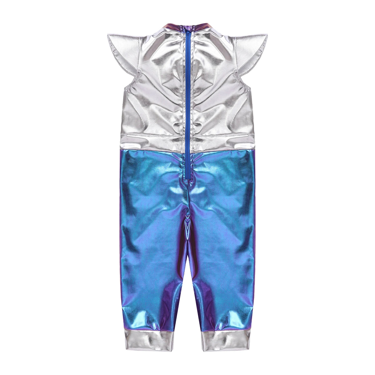 Toddler Boys Girls Shiny Alien Dress-up Costume Jumpsuit Cap Sleeve Zipper Metallic Romper for Photography Halloween Theme Party