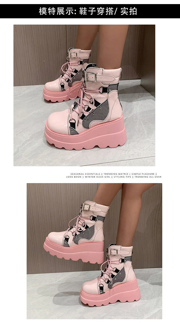 2025 New Design Women Punk Gothic Motorcycle Boots Platform Chunky High Heel Ankle Boot Ladies Cool Wedge Black Female Shoes