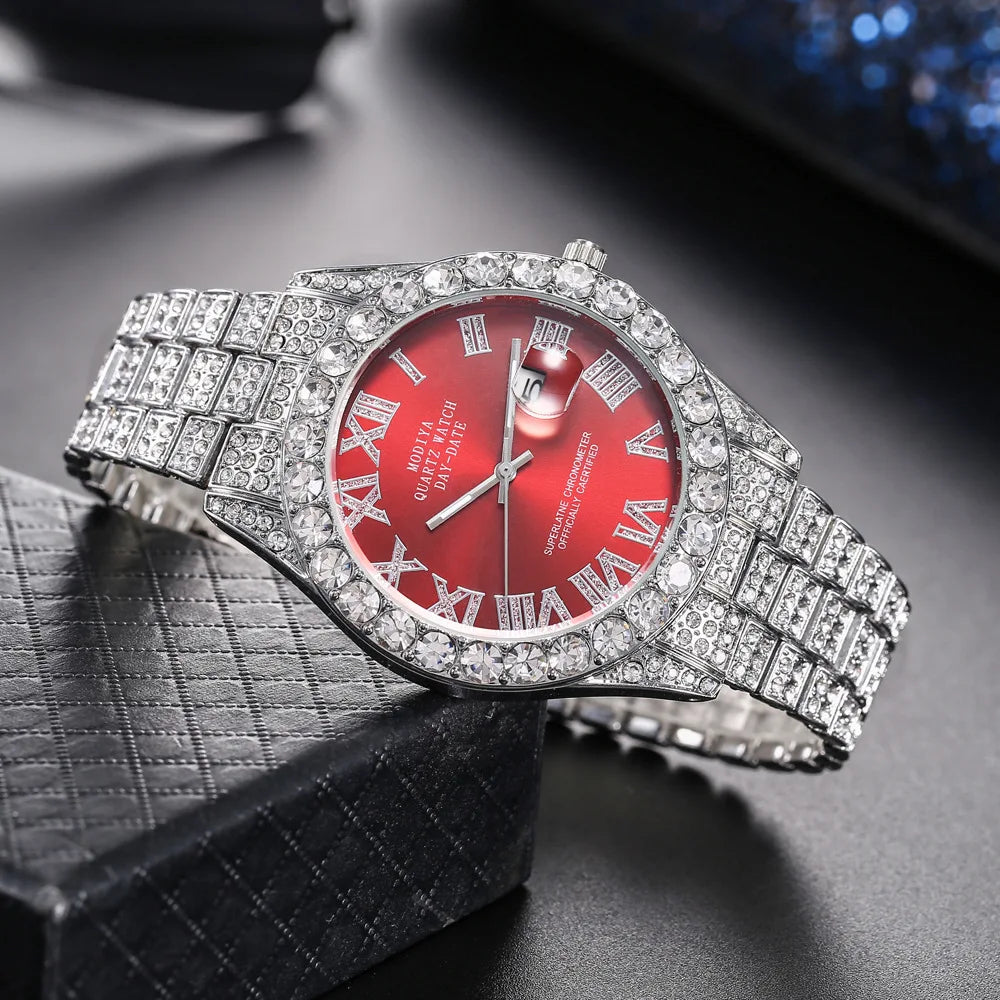 Luxury Classic Golden Men's Steel Strap Roman Scale Rhinestone Calendar Quartz Watch Fashion Male Wristwatch Relogio Masculino