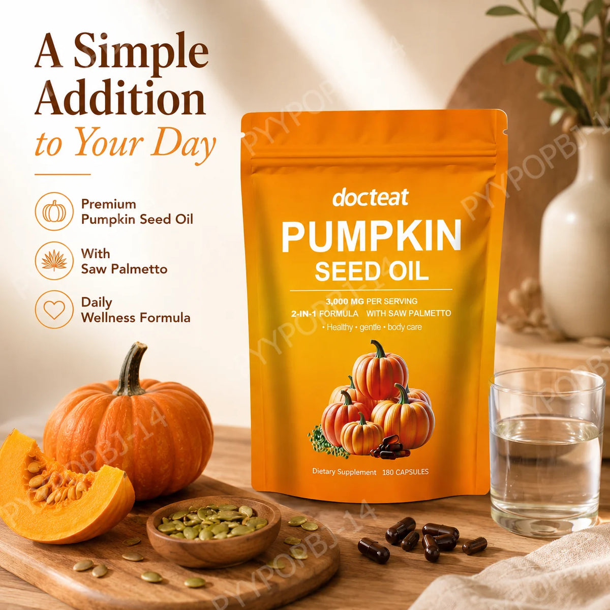 Docteat Pumpkin Seed Oil with Saw Palmetto Capsules 2-in-1 Formula for Prostate and Bladder Function Support, 180 Capsules