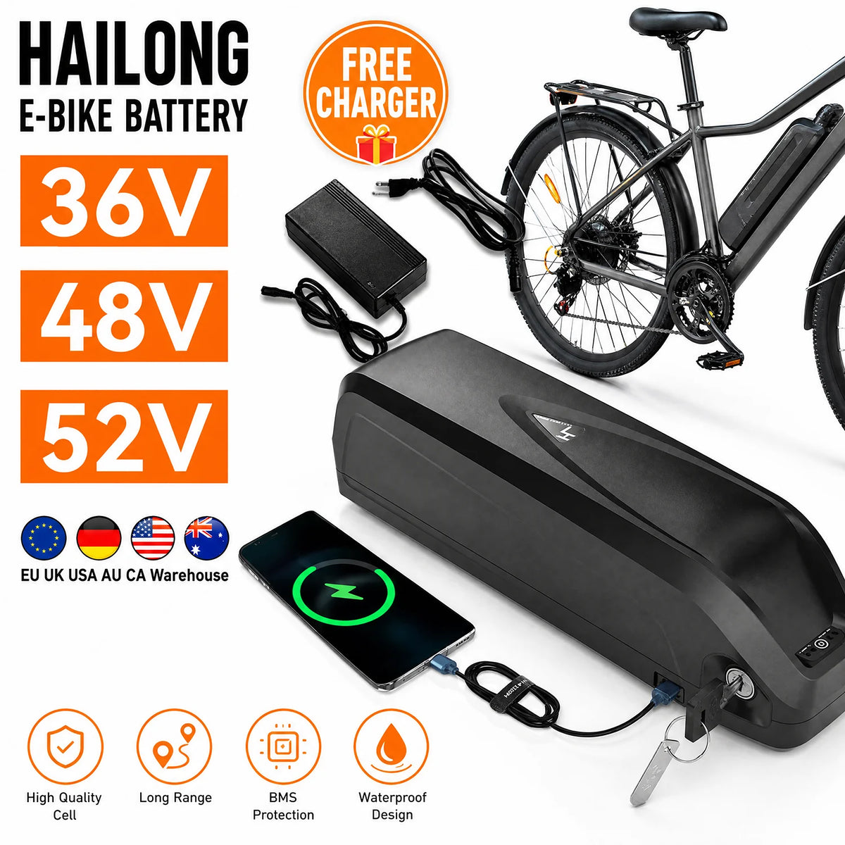 Electric Bicycle Battery Hailong 36V 48V 52V 18650 Cell 30A BMS 9Ah 12Ah 15Ah 18Ah for Bafang Tsdz8 Motor