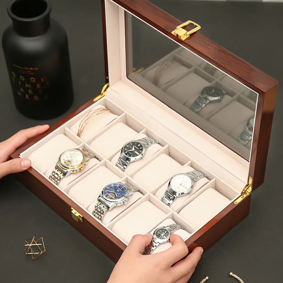 Luxury Handmade Wood 6/10/12Grids  Watch Clock Box for Men's and Women's Jewelry Storage Packaging Box Watch Organizer Display