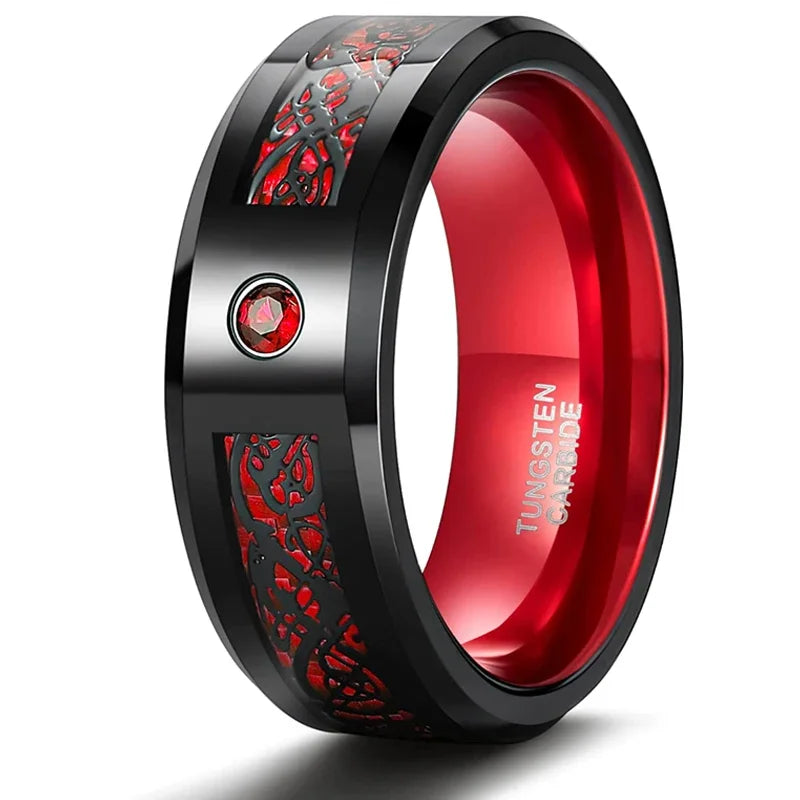 Tigrade 8MM Tungsten Rings for Men Women Cubic Zirconia Eternity Ring Black/Blue/Green/Red Color Cz Celtic Dragon Wedding Bands