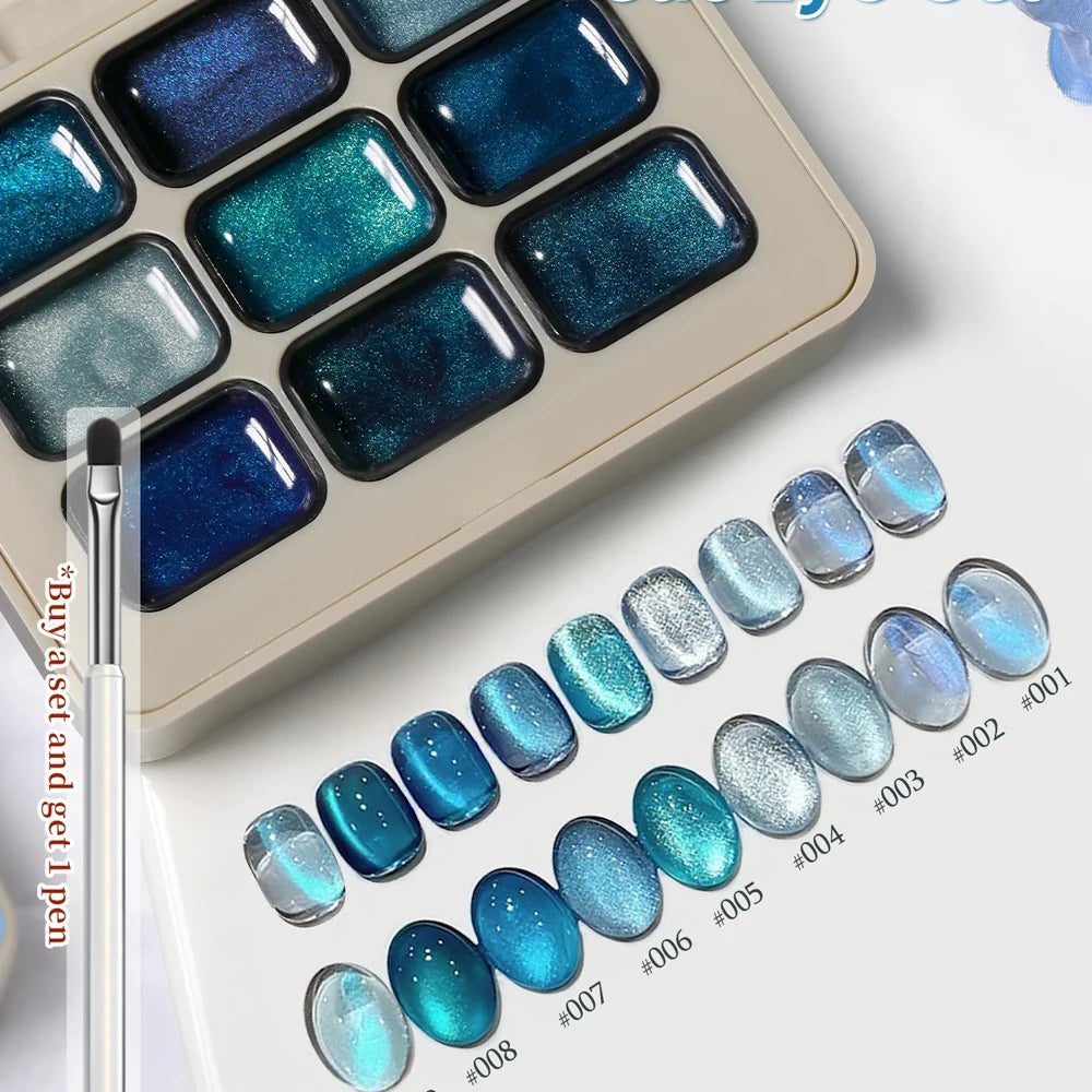16colors Japanese Holographic Glitter Mirror Porcelain White Cat Eye Gel Polish Palette Magnetic Galactic Effect Gel Nail Polish