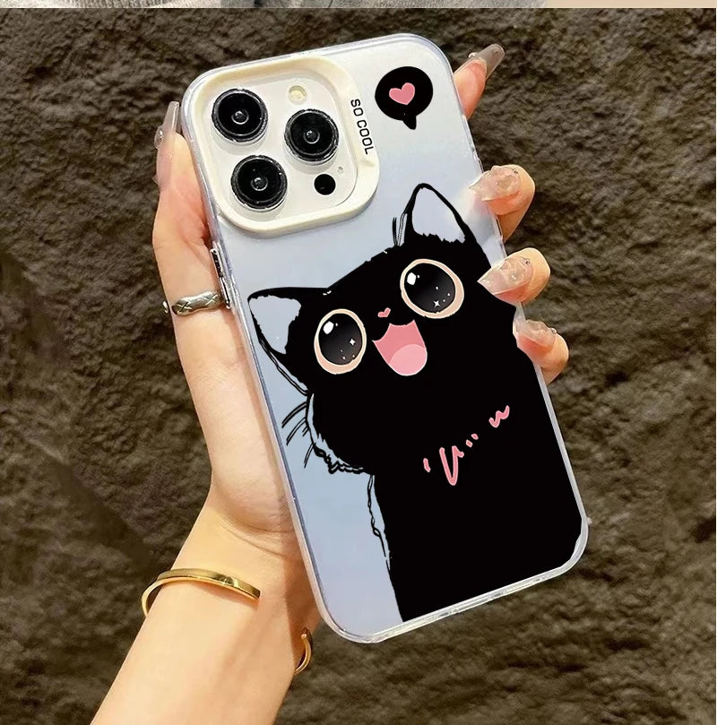Case For Redmi Note 15 Pro 5G 14 4G 13 Pro 12 Plus 11 10 PRO 11S Black Cat Cute Laser IMD Matte Couple Hard Cover