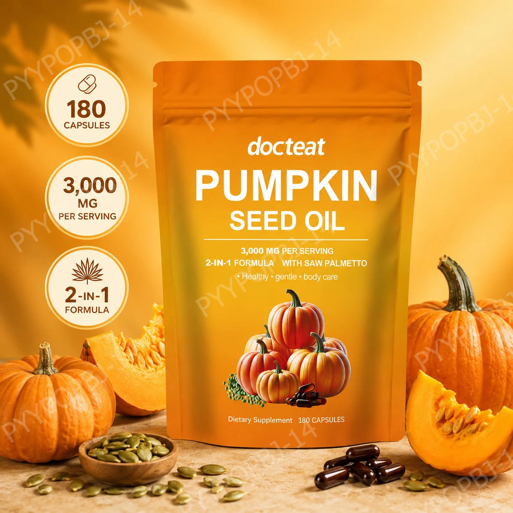 Docteat Pumpkin Seed Oil with Saw Palmetto Capsules 2-in-1 Formula for Prostate and Bladder Function Support, 180 Capsules