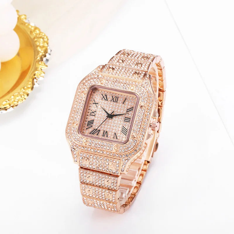 Men's Business Square Starry Sky Steel Belt Diamond-Inlaid European American Roman Fashion Quartz Wristwatch Gift
