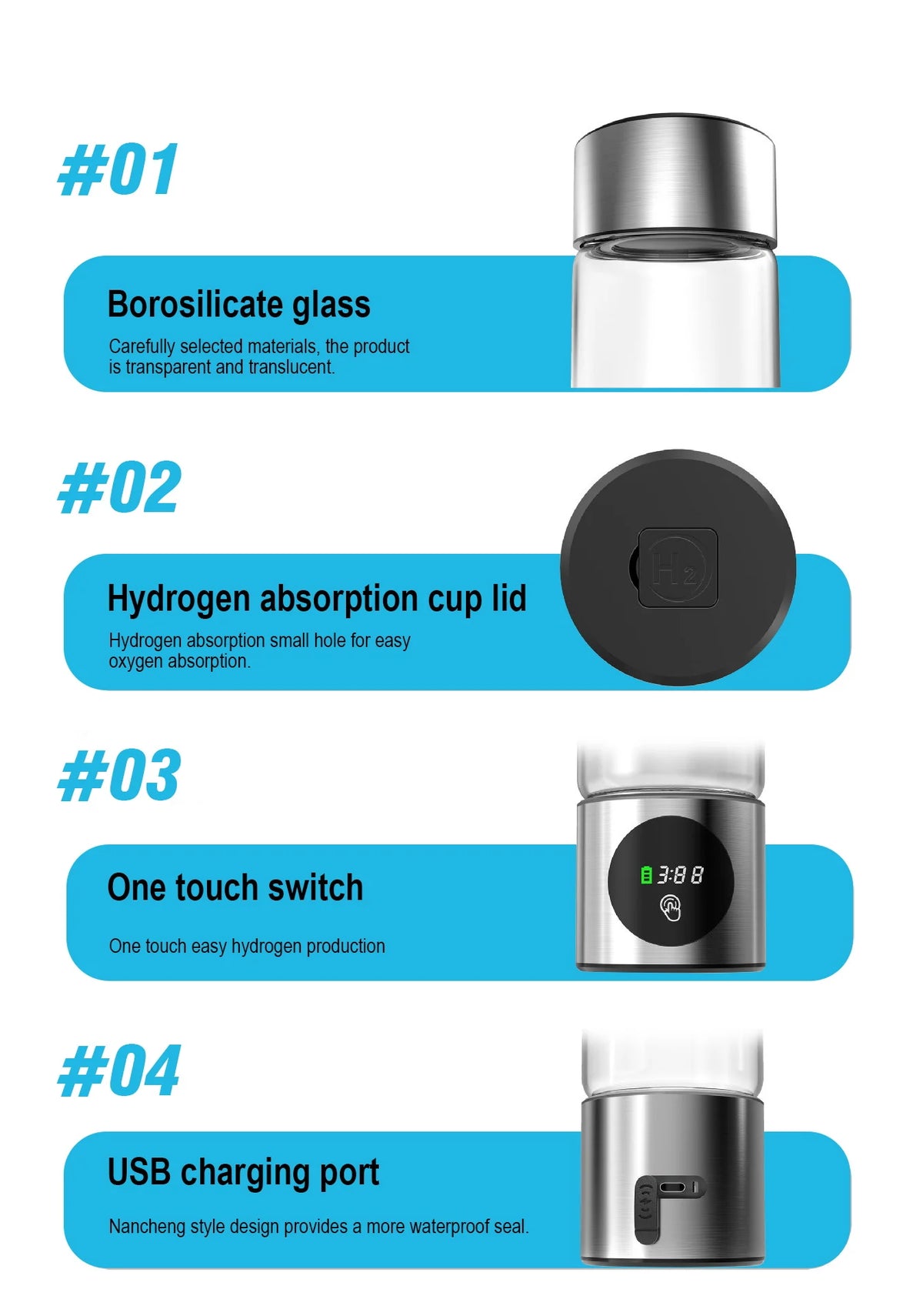 Portable High Performance Hydrogen Water Generator Bottle SPE PEM Chamber Electrolytic Ionizer Rechargeable Hydrogen Water Cup