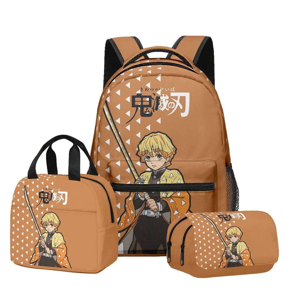 New Anime Peripheral Demon Slayer 3D School Backpack Lunch Bag Pencil Case 3-Piece Set Printed Holiday Gift for Students Gift