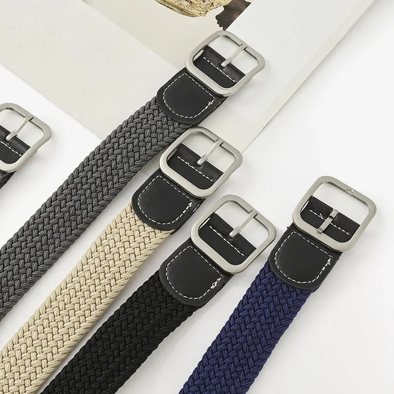 107cm Casual Knitted Pin Buckle Women Belt Woven Canvas Unisex Canvas Elastic Belts  Women Jeans Pin Buckle Versatile Men Belt