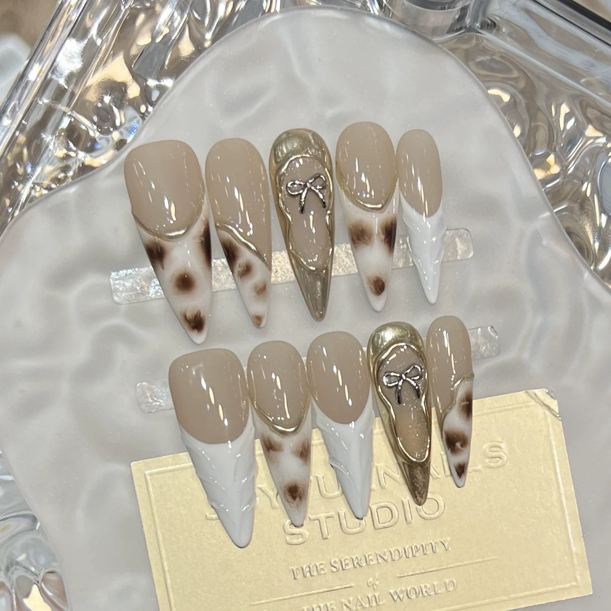 10Pcs Retro Golden Stiletto Handmade Press on Nails Fake Nails with 3D Decoration Wearable Stick-on Nails False Nail 네일팁 Uñas