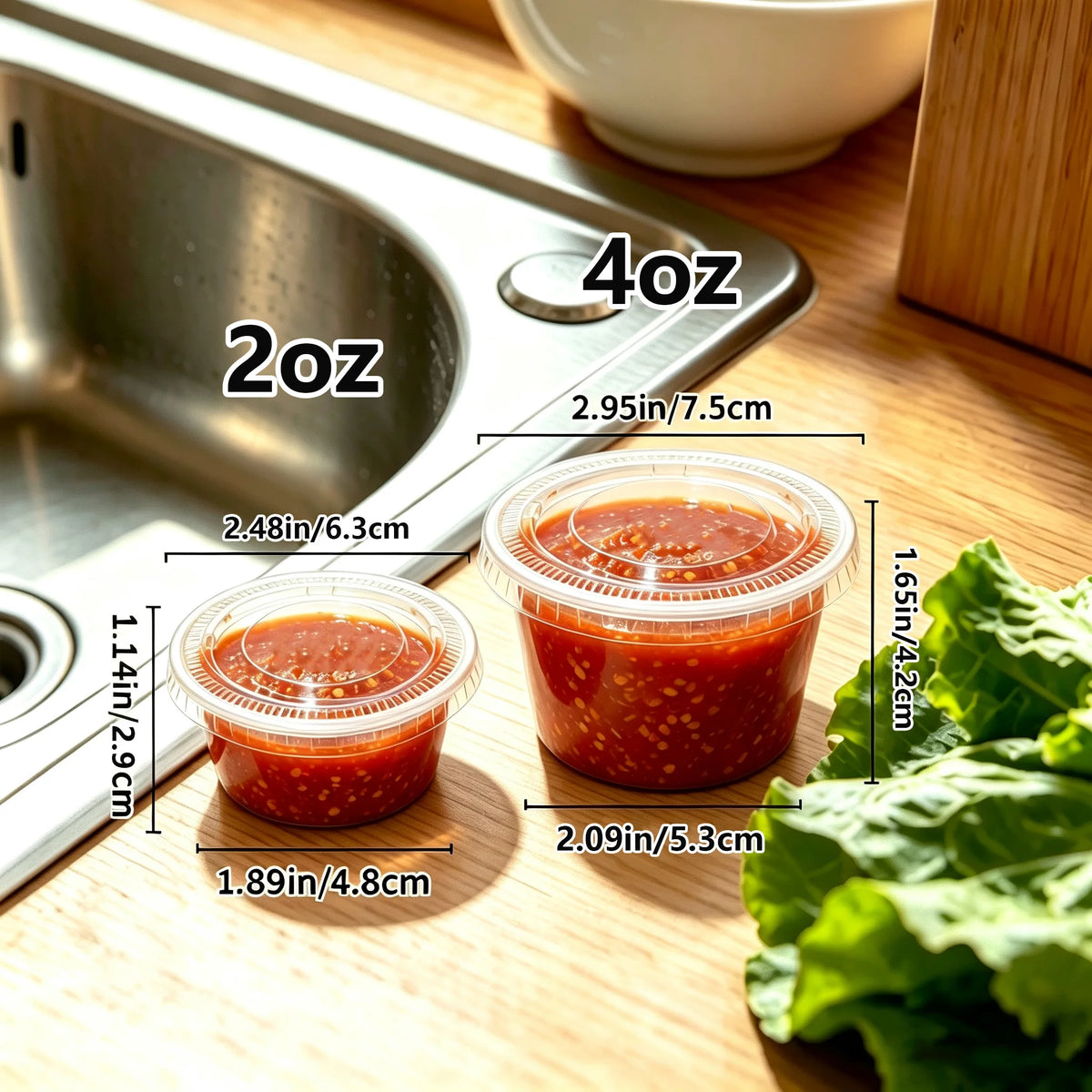 100 Sets of Disposable Clear Plastic Sauce Cups - 2 oz/4 oz, Microwave and Freeze Safe, Leak-proof, Portable Dip Cups for BBQ, Meal Prep, Catering, Restaurants, Lunch, Picnics and Everyday Kitchen Use