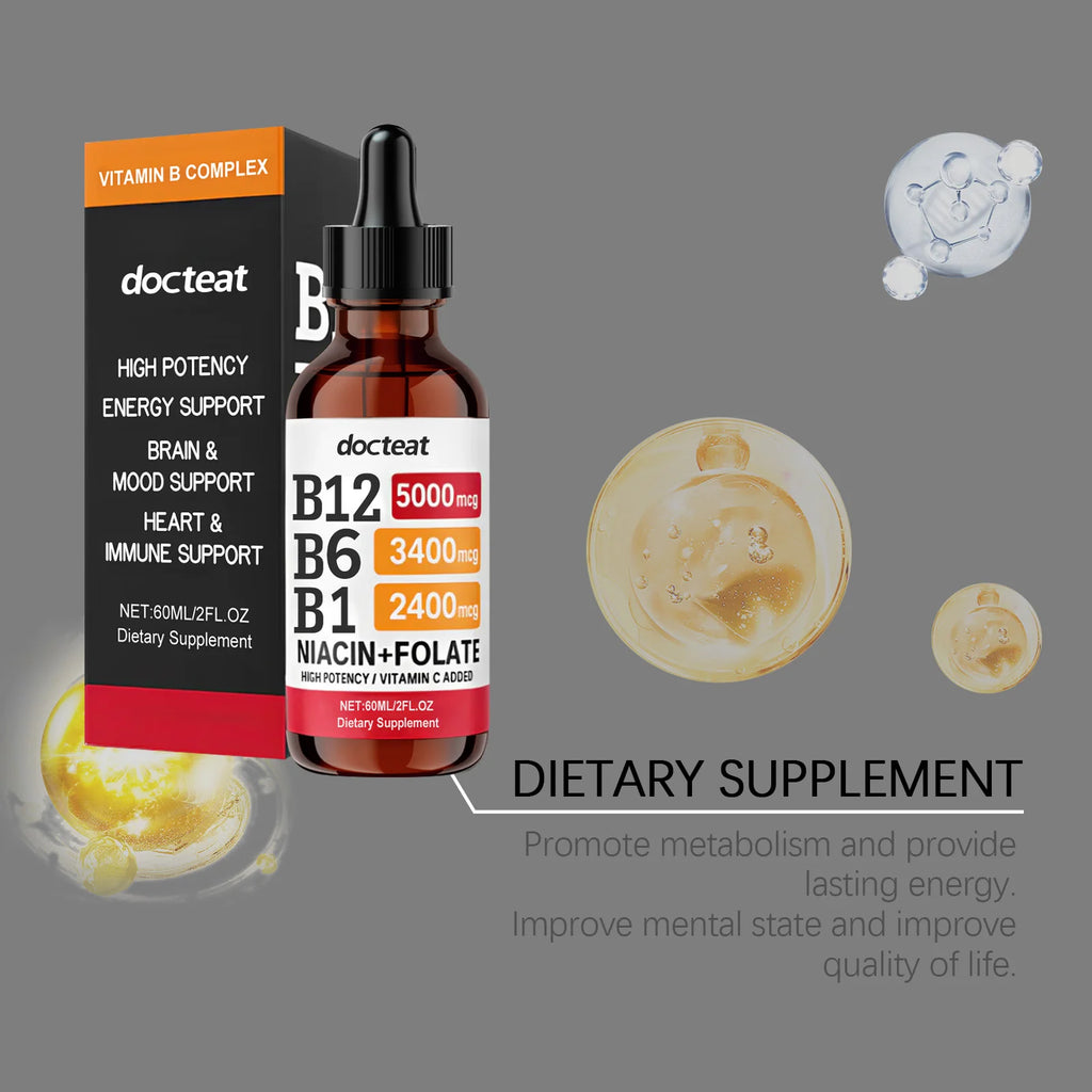 Docteat B Complex Drops 60ml High Potency B12 5000mcg Methylcobalamin Energy Brain Mood Heart Immune Support Non GMO Vegan