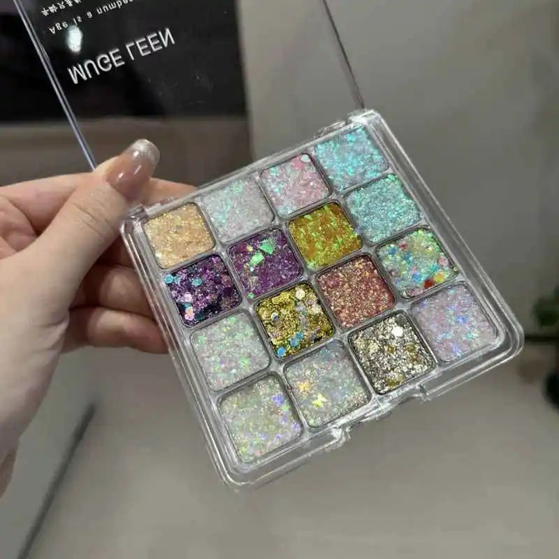 16-Color Bling Jelly Eye Shadow Palette Heart Sequin Glitter Pumpkin/Purple/Cherry/Blue/Gold Shade Stage Performance Make up