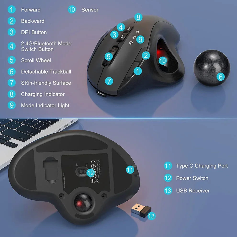 Ergonomic Wireless Trackball Mouse Easy Thumb Control Precision Smooth Tracking, Ergonomic Comfort Design, for Windows, PC Mac