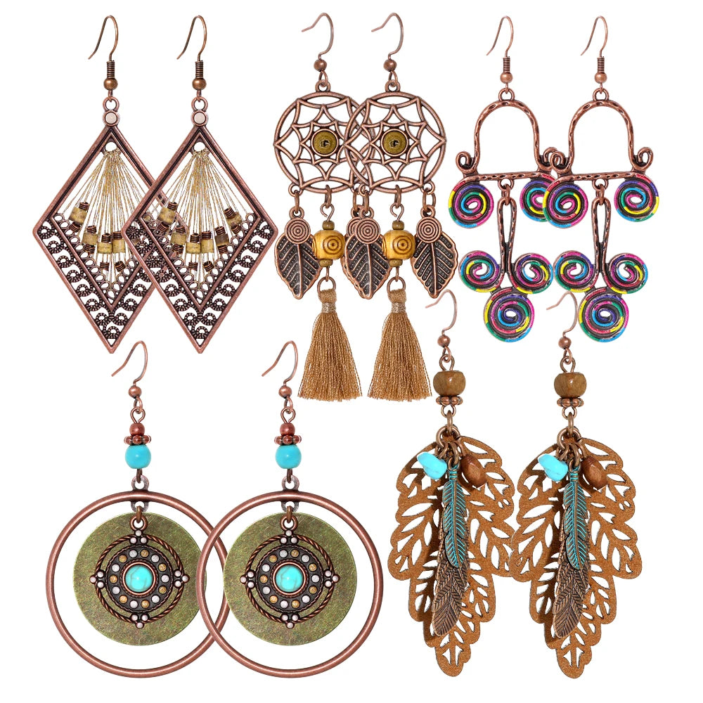 5 Pairs Boho Vintage Dangle Earrings Handmade Geometric Statement Tassel Earrings Daily Wear Party Accessories Versatile