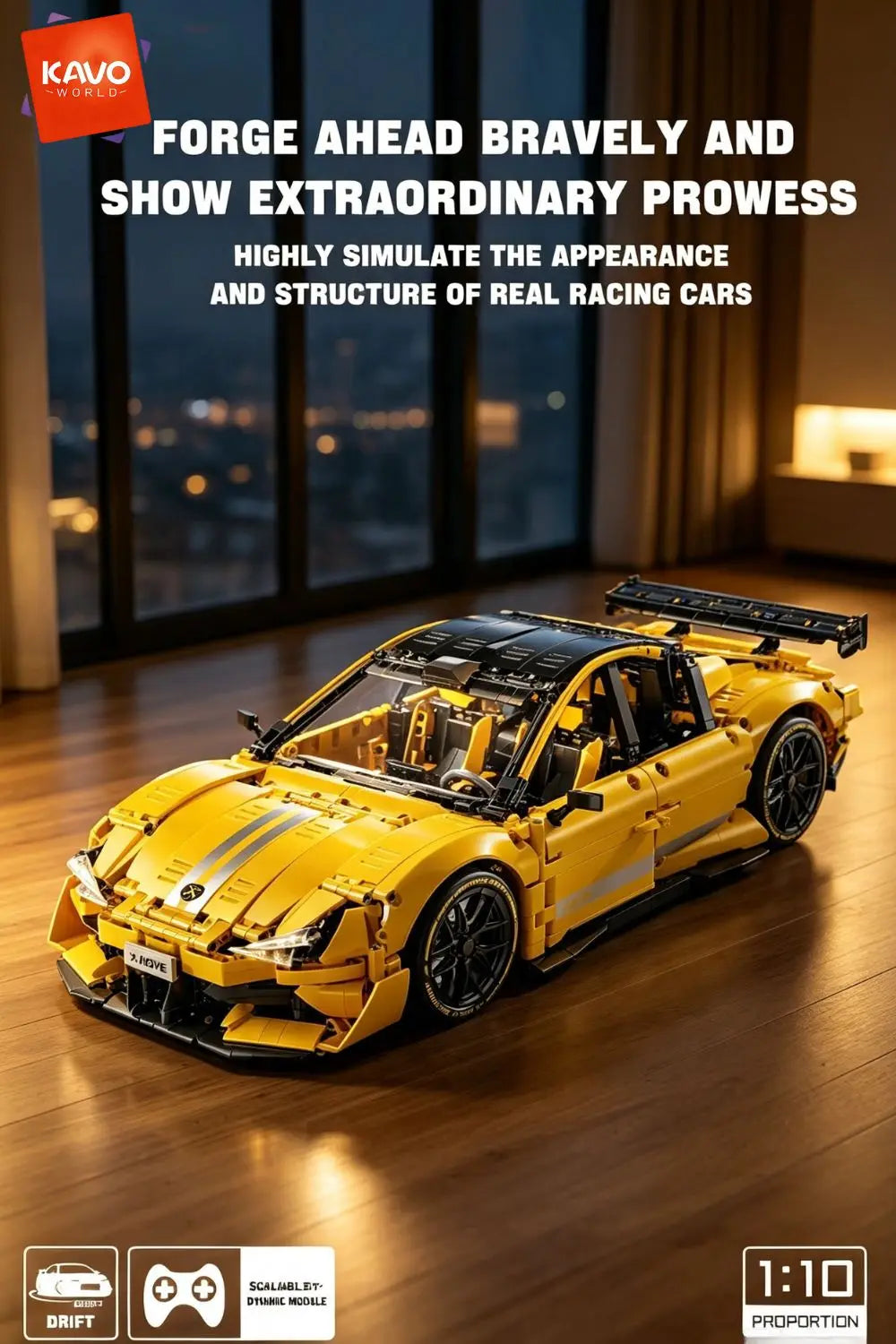 KAVOWORLD 2143pcs Yellow 1:10 Building Block Racing Car Sports Supercar Road Coupe Drift Vehicle Construction Kit with Movable Doors Adjustable Rear Wing DIY Assembly STEM Toys Home Desk Decor Hobby Christmas Halloween Birthd
