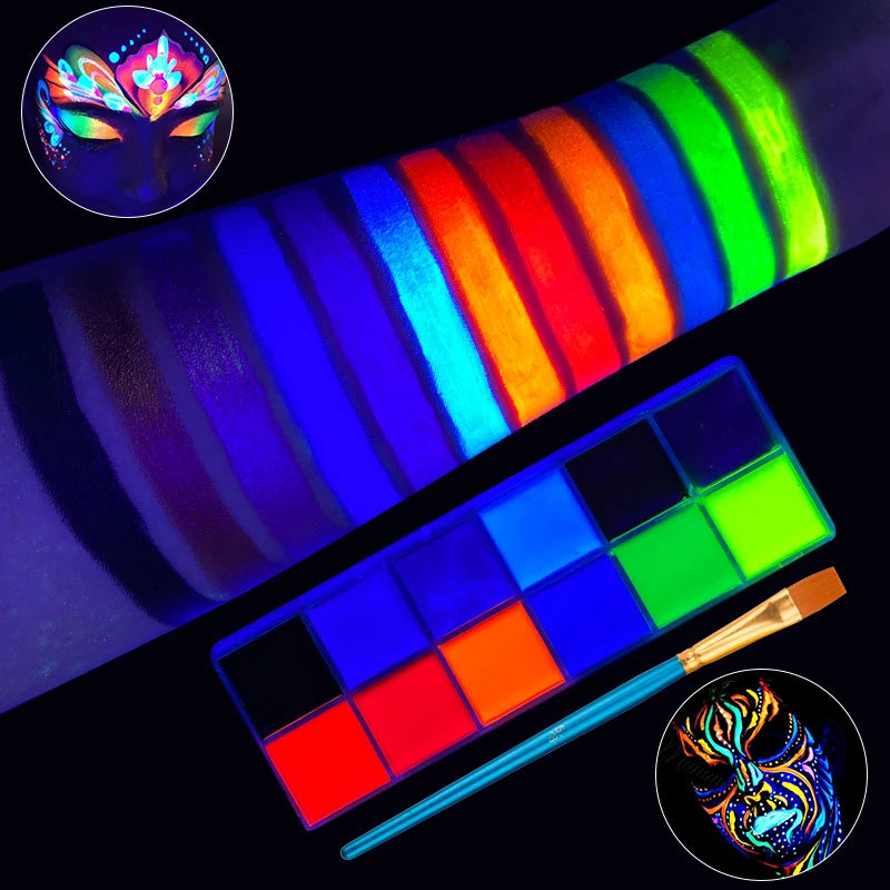 12-color UV Luminous Face Body Painting Palette Set With Brush,UV Glow Neon Face Body Paint Kit Glow For Halloween Makeup Party