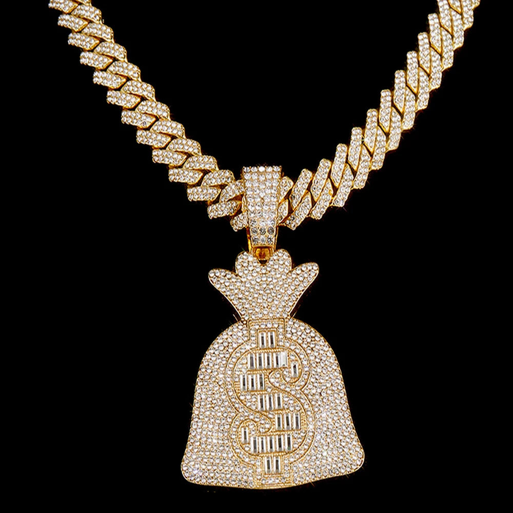 Men Women Hip Hop Dollar Sign Money Bag Pendant Necklace With 14mm Cuban ChainUSD Money Bag Necklaces Trendy Charm Jewelry Gift