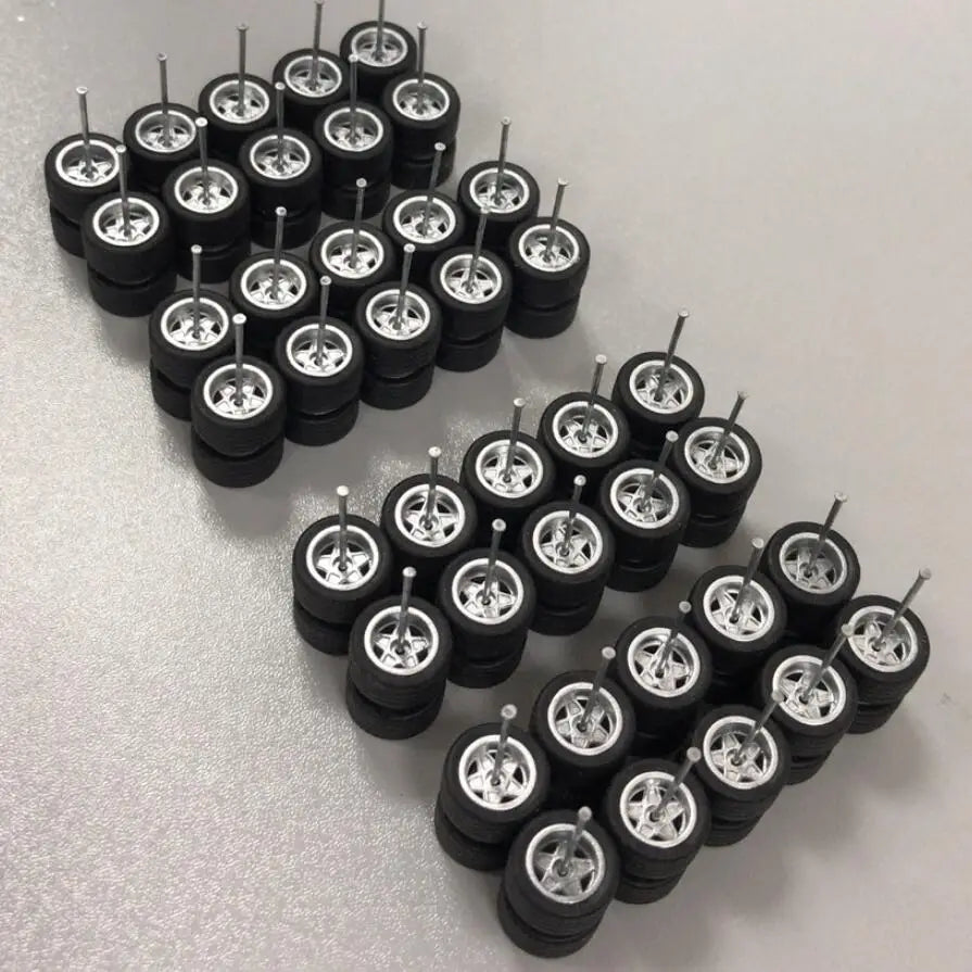 20 Sets 1/64 Alloy Car Wheels w Rubber Tires Axles for 1:64 Mini Model Cars Matchbox Domeka HW
