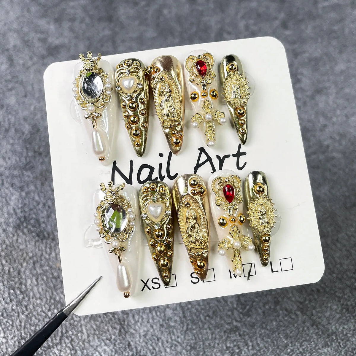 10Pcs Retro Golden Stiletto Handmade Press on Nails Fake Nails with 3D Decoration Wearable Stick-on Nails False Nail 네일팁 Uñas