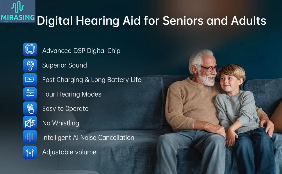 2025 Top Mirasing 10-Channel Digital BTE/RIC Hearing Aid - Rechargeable & Noise Cancelling with Portable Charging Case