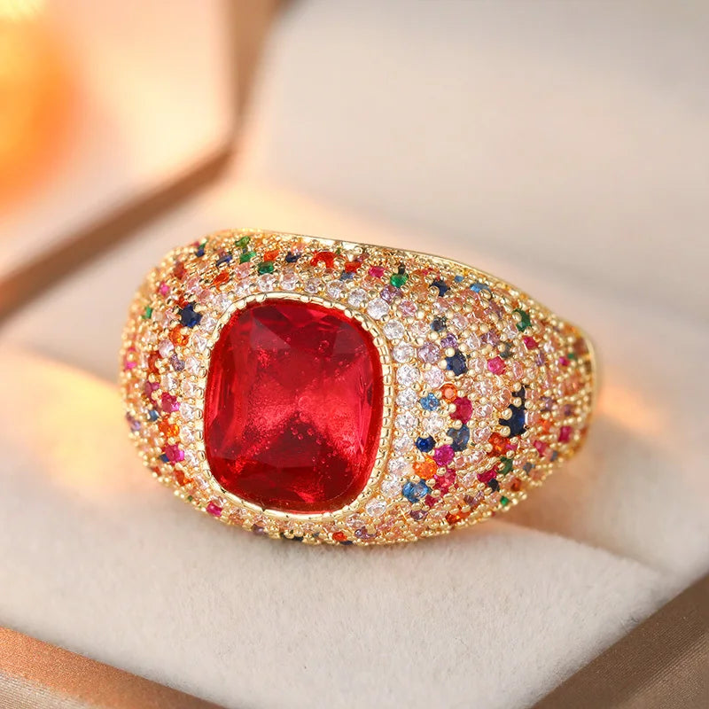 Vintage Gold Plated Ring, Colorful Synthetic Zircon Inlay Design, Sparkling Party Banquet Women's Ring, Elegant Jewelry
