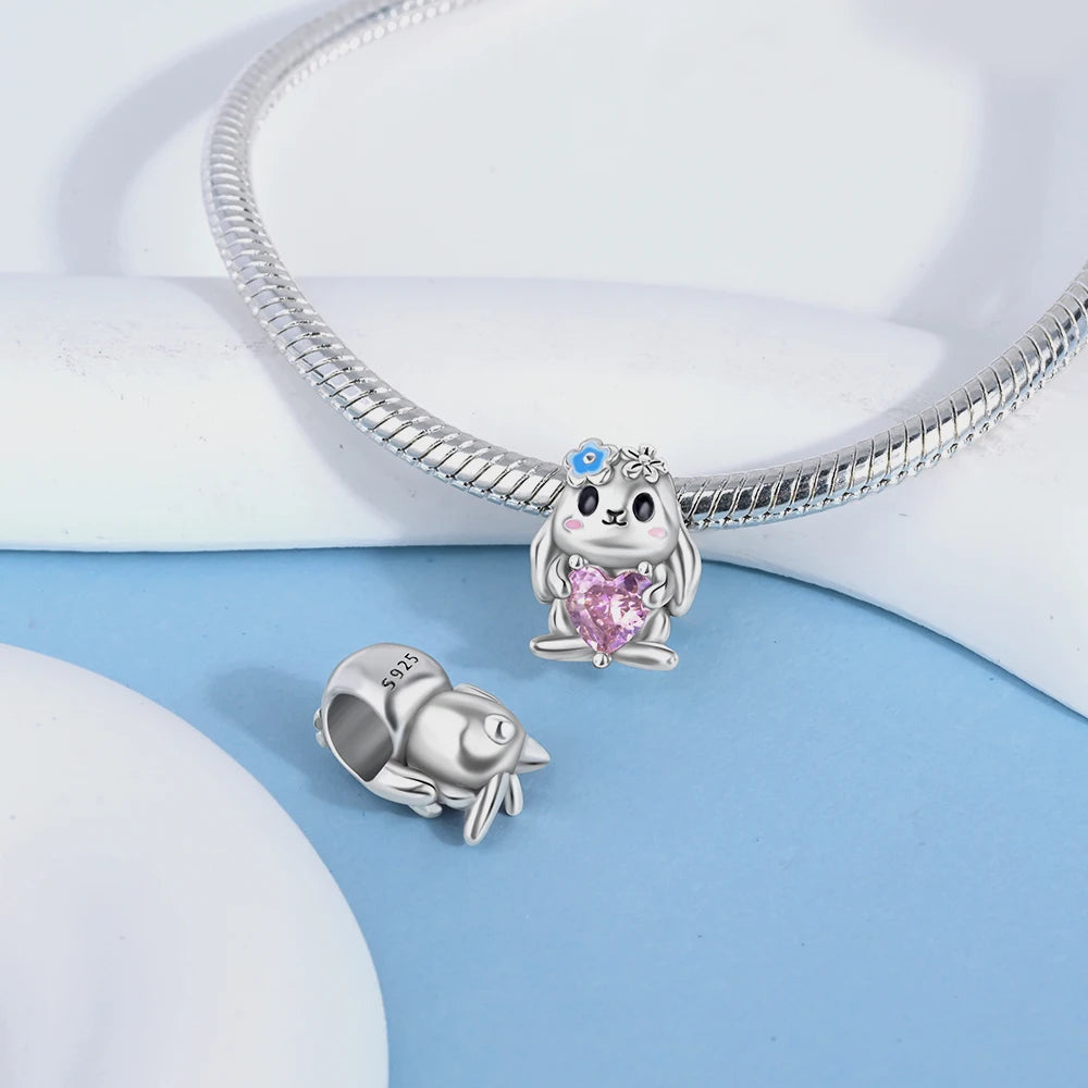 Exquisite 925 Sterling Silver Cute Dinosaur Turtle and Rabbit Couple Heart Charm Fit DIY Bracelet Necklace Casual Matching Gifts