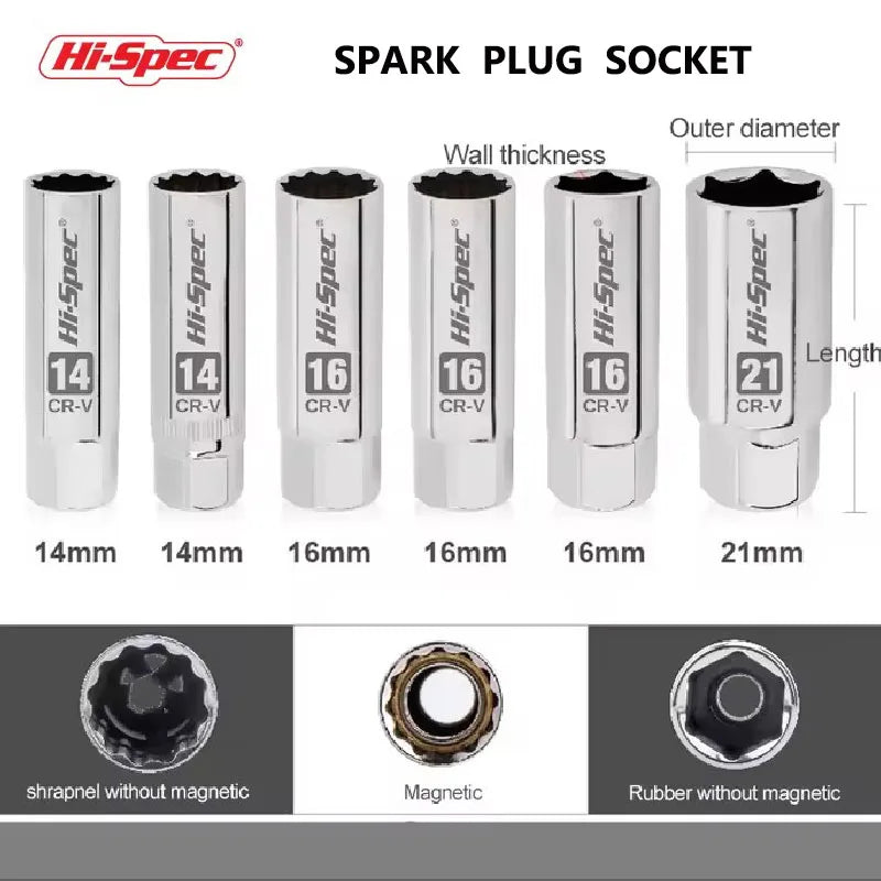 Hi-Spec Car Spark Plug Socket Universal Wrench 14/16/21mm Install Replace Repair Kit Magnetic Spark Plug Removal For Car Repair