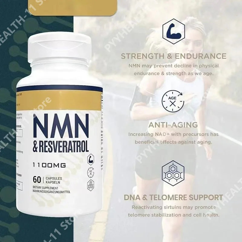 NMN & Resveratrol Capsules Antioxidant Complex Supplement with Black Pepper Extract 1100mg 60 Capsules