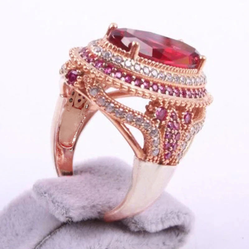 Huitan Noble Wome Ring Elegant Party Engagement Fashion Accessories for Lady Charming Anniversary Gift Inlaid Shiny Red Oval CZ