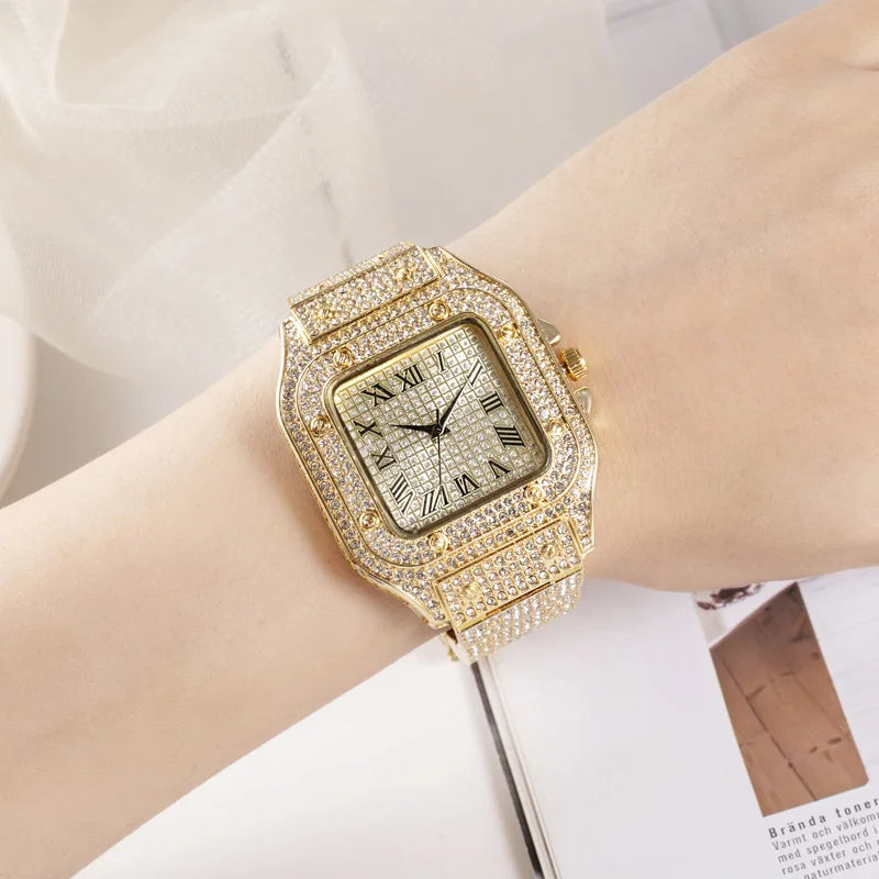 Men's Business Square Starry Sky Steel Belt Diamond-Inlaid European American Roman Fashion Quartz Wristwatch Gift
