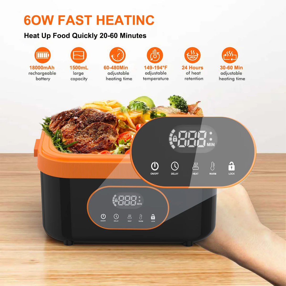 Gison 1.5L Electric Lunch Box Food Warmer Self Heating Lunch Box 18000mah Big Capacity Rechargeable Cordless Electric Lunch Box