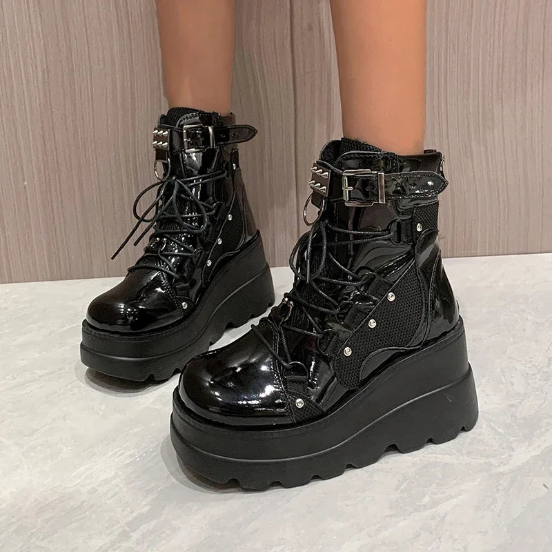 2025 New Design Women Punk Gothic Motorcycle Boots Platform Chunky High Heel Ankle Boot Ladies Cool Wedge Black Female Shoes