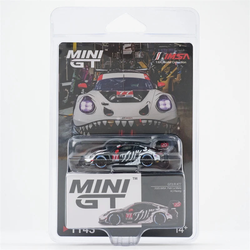 MINI GT 1:64 911 GT3 R #77 AO Racing 2025 IMSA Petit Le Mans Paper Box / Blister Packaging Diecast Model Car