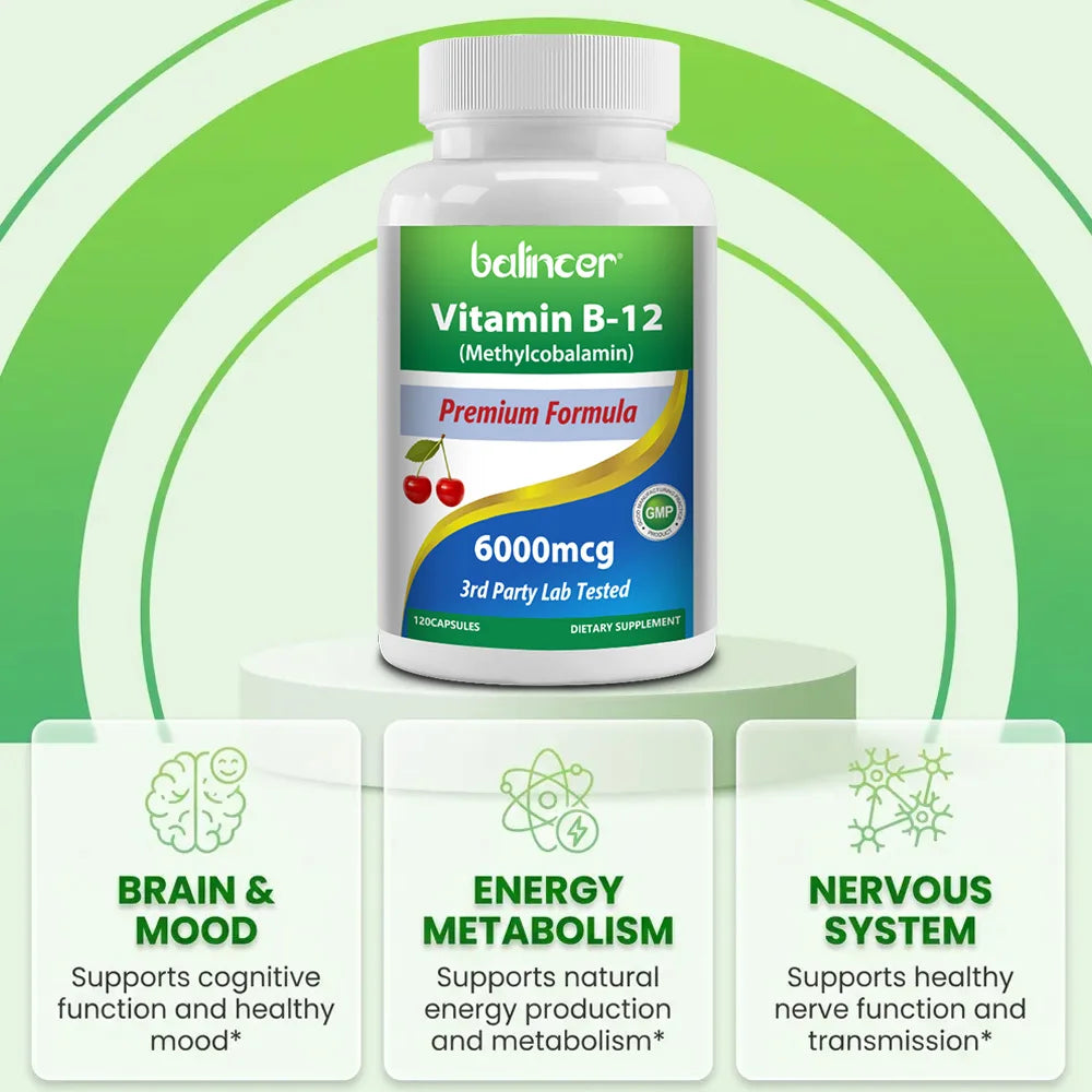 Vitamin B12 Supplement 6000mcg - Energy Brain Memory Mood, Heart  Function, Nervous & Immune System Support, 30/60/120 Capsules