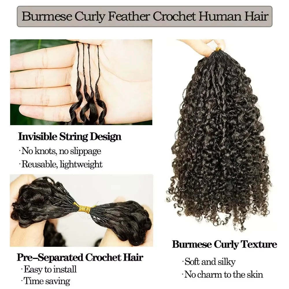 16A Burmese Curly Crochet Human Hair Knotless Pre-Separated Crochet Feather Hair Extensions Curly Human Hair