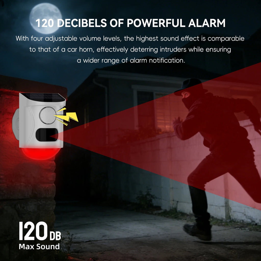 Solar Strobe Alarm Light with Motion Sensor Siren Outdoor Alarm Siren with Remote Controller 120db Sound Security Siren Light