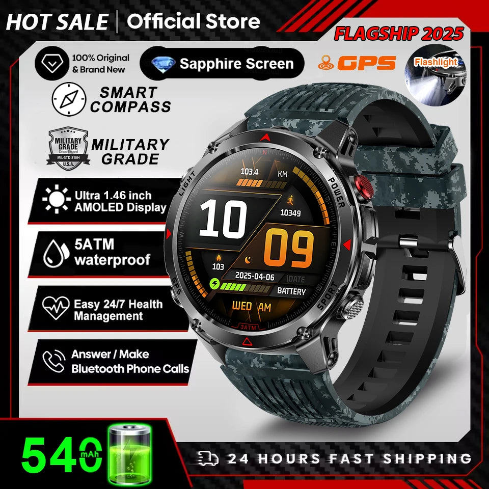2025 New Military Bluetooth Call Smart Watch Built-in GPS Compass Barometric Altimeter 3ATM Waterproof Sports Smartwatches Men
