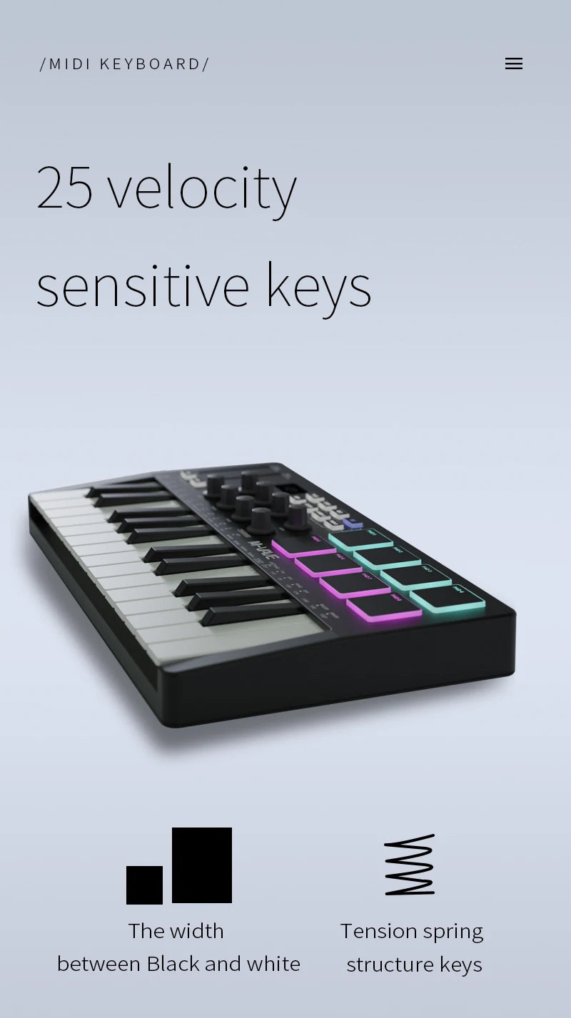 M-VAVE Portable MIDI 25-Key USB MIDI Keyboard Controller with 8 Backlit Drum Pads 8 Knobs 8 RGB Music Keyboard Instruments