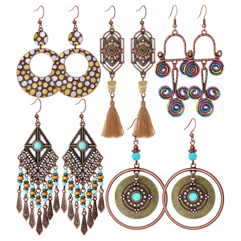 5 Pairs Boho Vintage Dangle Earrings Handmade Geometric Statement Tassel Earrings Daily Wear Party Accessories Versatile