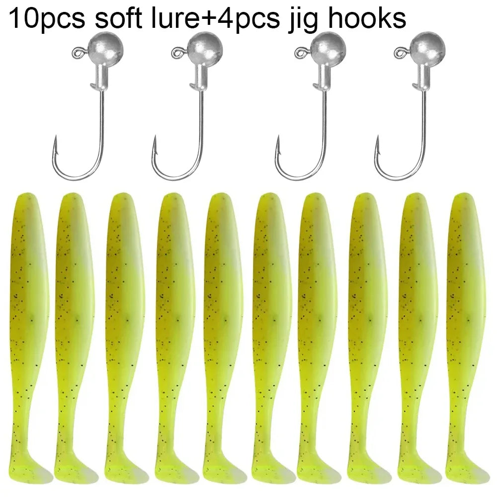 14PCS Gear Kit 10PCS Soft Lure 5.5cm 7cm 10cm T Tail Worm 4PCS Jigging Head Hook 3g 5g 10g Metal Jig Fishing Pesca Swimbait Bait