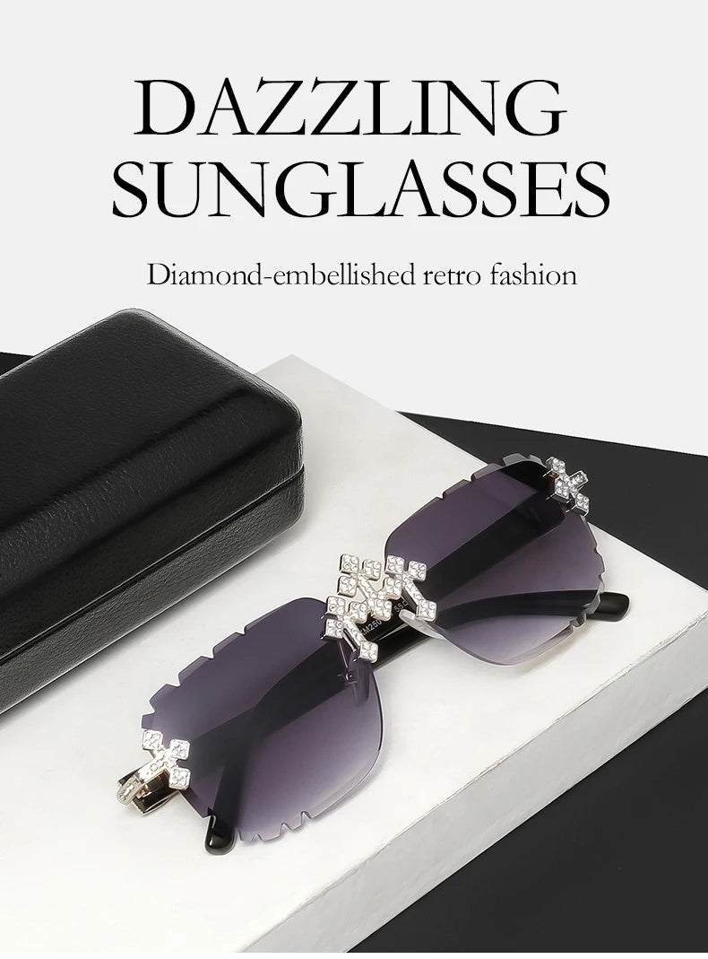 2025 Fashion Square Rimless Sunglasses For Women Cross Diamond Metal Frame Luxury Eyewear Cut Lens UV400 Shades Sun Glasses
