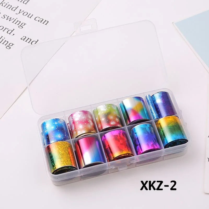 10 Rolls/ Box Charm Nail Foils Polish Stickers Metal Color Starry Paper Transfer Foil Wraps Adhesive Decals Nail Art Decorations