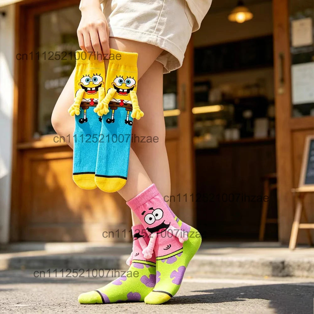 Cartoon 3D Socks Cute Handle Interaction Yellow Sponge Pink Starfish Anime Peripheral Soft High Elasticity Tube Socks Daily Wear