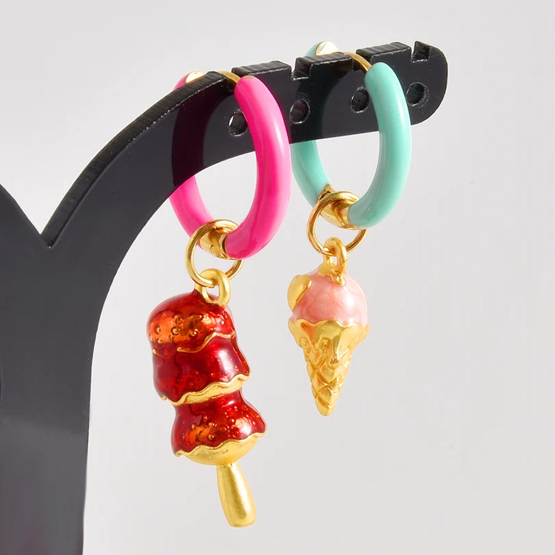 1Pair Dopamine Enamel Sweet Heart  Cute Bee Flower Y2K Girl Aesthetic Aretes Funny Food Cake Gothic Star Hoop Earrings Jewelry