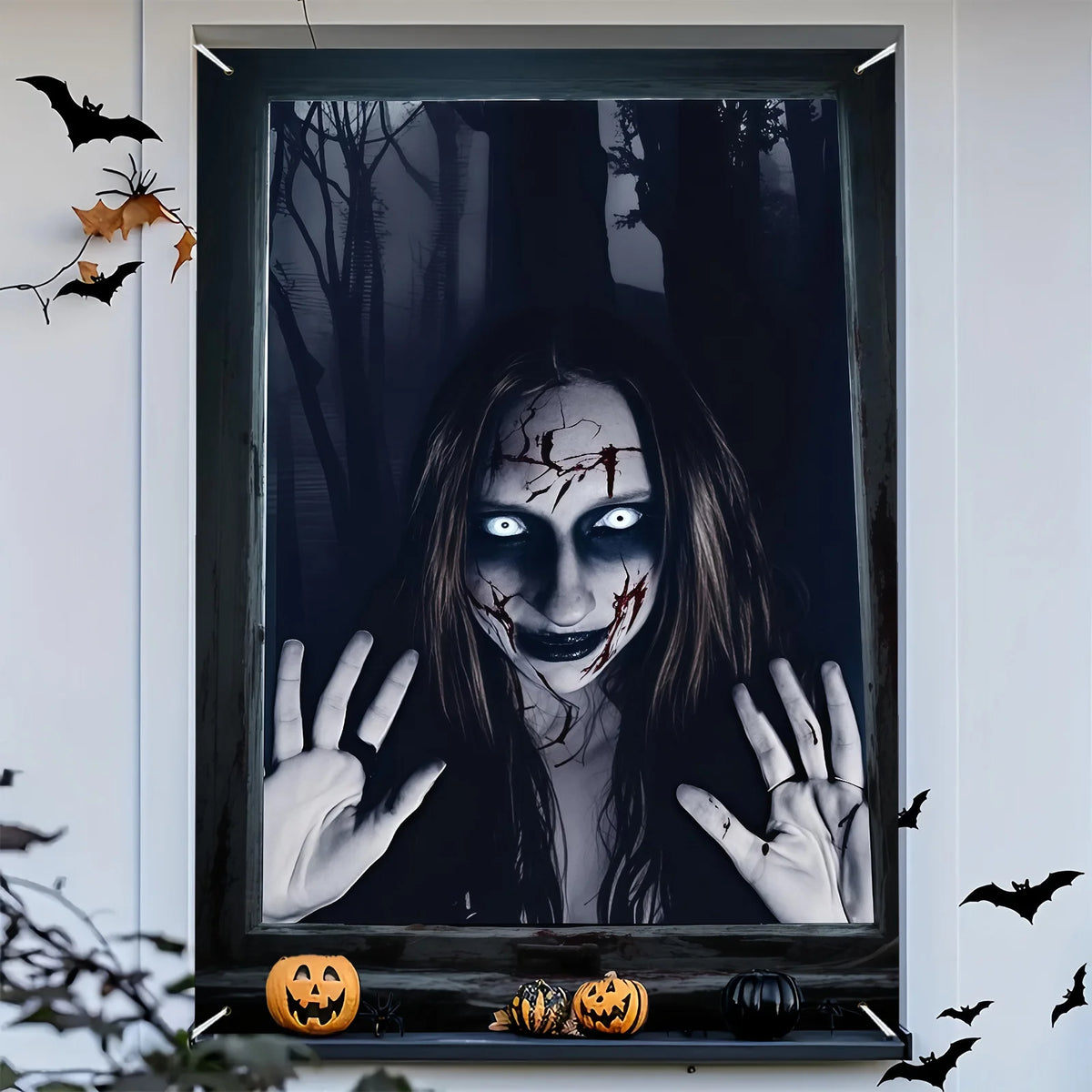 Halloween horror party, forest monster design window decorations, indoor and outdoor decorations, eerie atmosphere