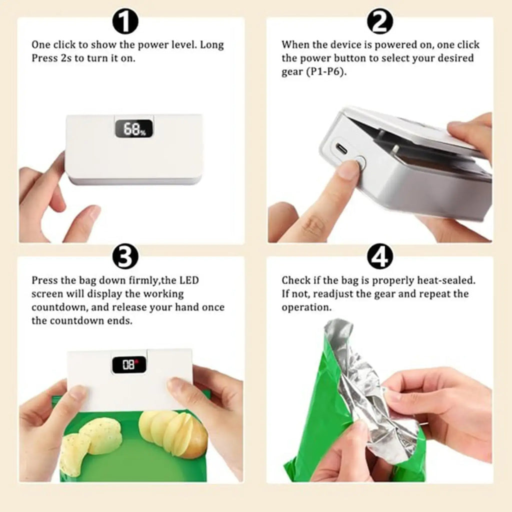 Mini Sealer 6-Mode Rechargeable Magnetic with Cutter Electric Handheld Sealer Machine for Home Kitchen Restaurant Snack Chip