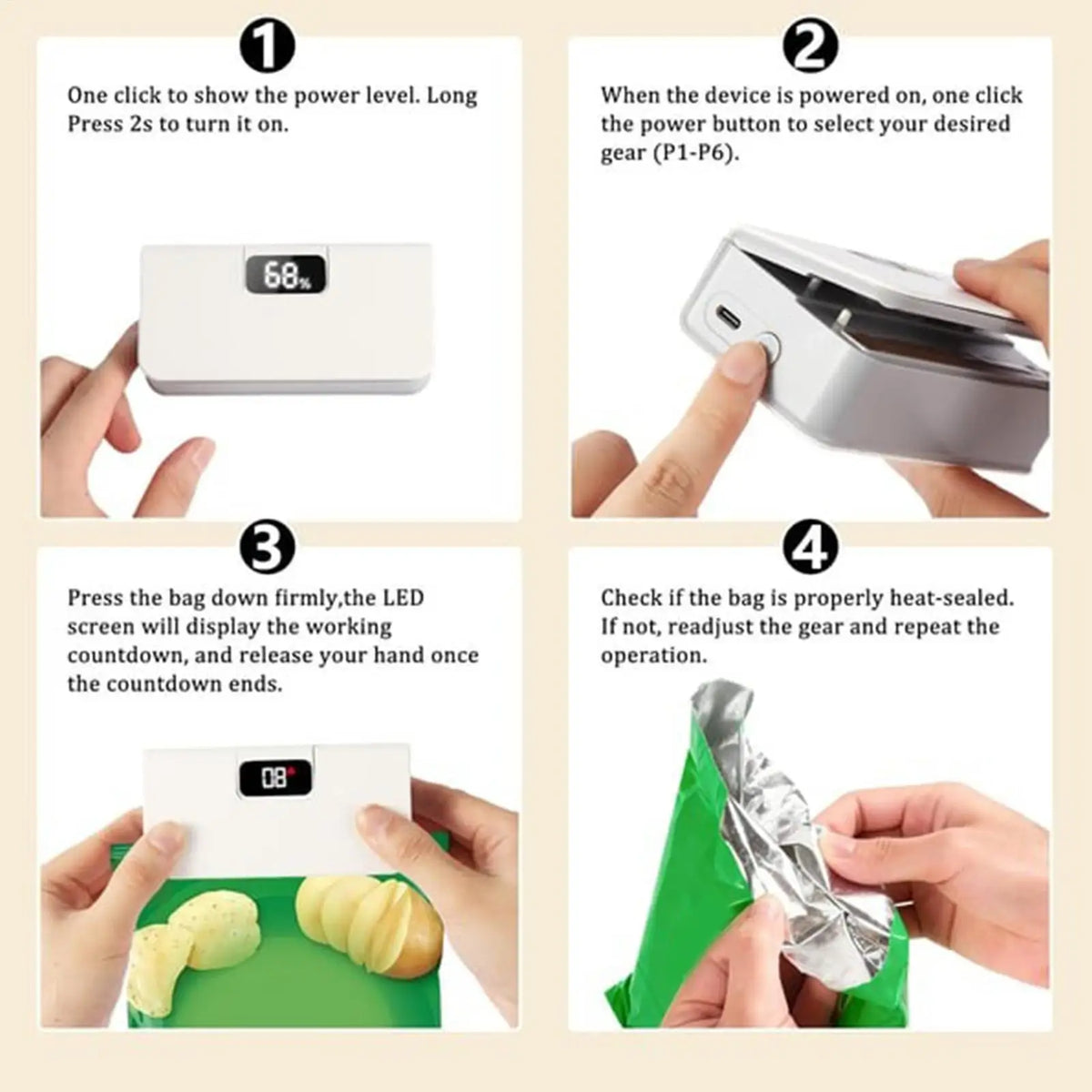 Mini Sealer 6-Mode Rechargeable Magnetic with Cutter Electric Handheld Sealer Machine for Home Kitchen Restaurant Snack Chip